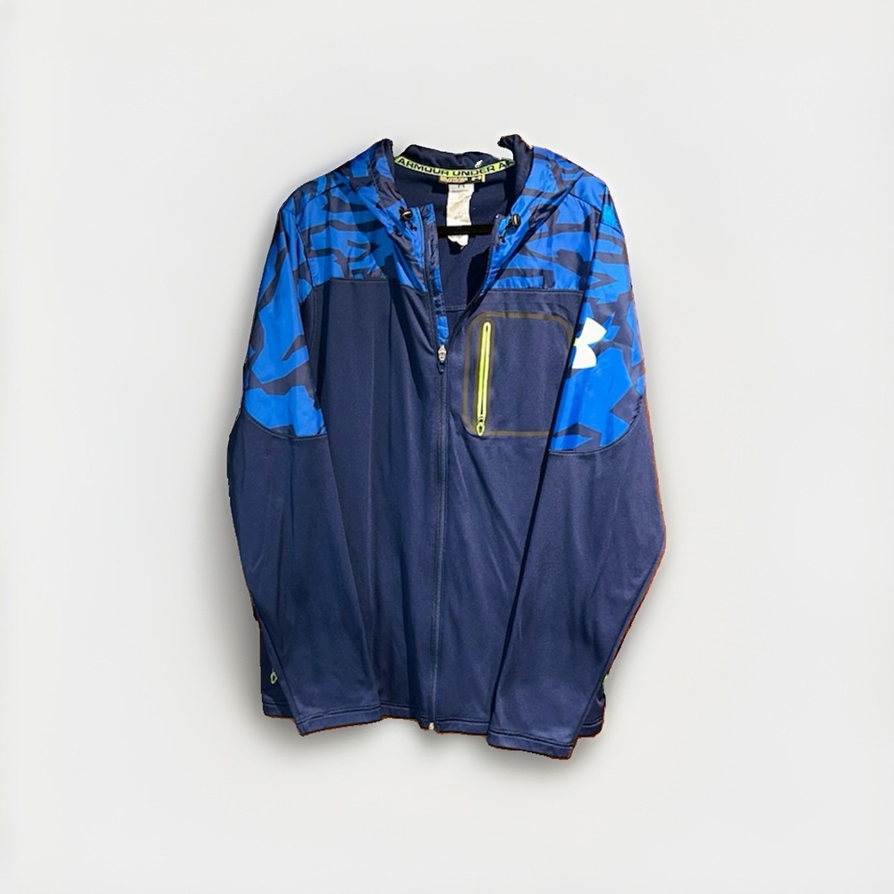 Under Armour Mens 2XL Blue Camo Full Zip Hooded Jacket Loose Fit Activewear